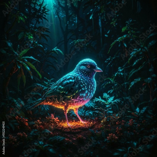 Bioluminescent rainforest at twilight with a glowing ancient tree and magical birds