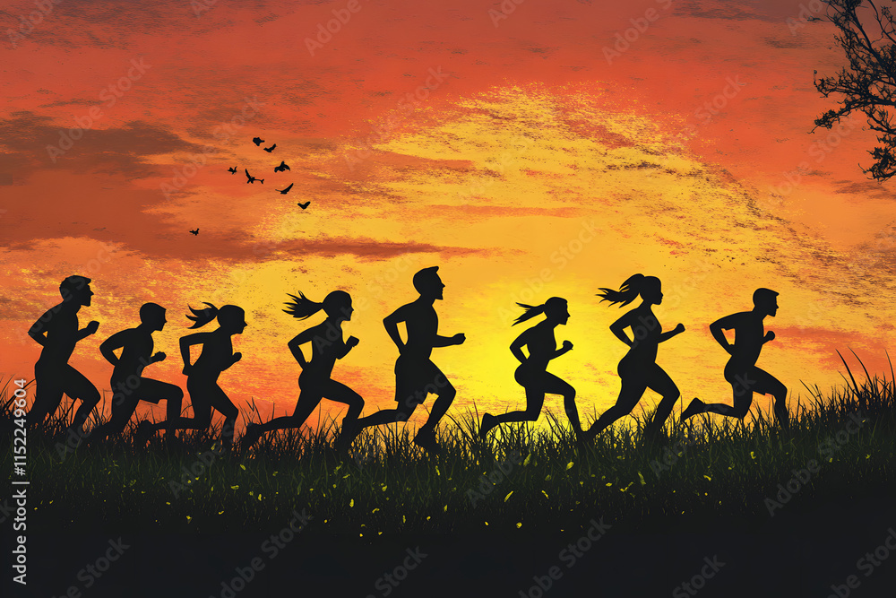 Silhouettes of runners in motion during a sunset, scenic outdoor running scene symbolizing fitness, health, teamwork, energy, and determination with a peaceful natural background Silhouettes of runners in motion during a sunset, scenic outdoor running scene symbolizing fitness, health, teamwork, energy, and determination with a peaceful natural background