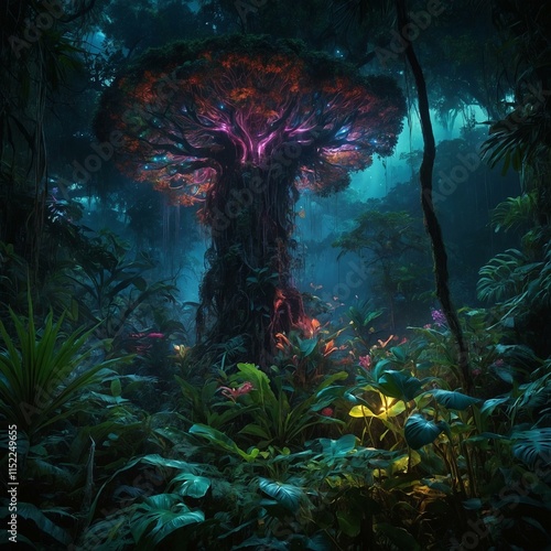 Bioluminescent rainforest at twilight with a glowing ancient tree and magical birds