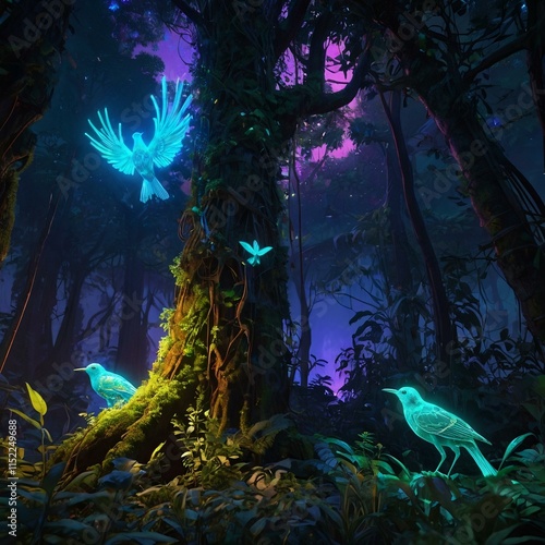 Bioluminescent rainforest at twilight with a glowing ancient tree and magical birds
