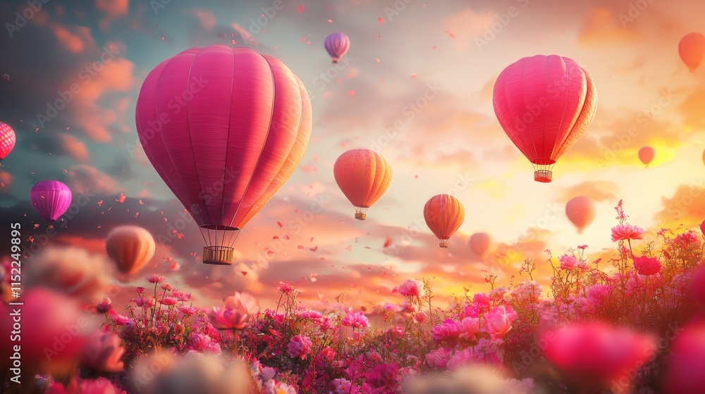 Hot air balloons over a scenic sunset landscape Hot air balloons over a scenic sunset landscape