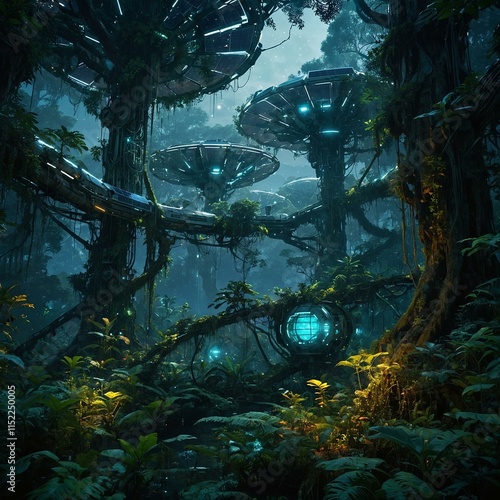 Bioluminescent rainforest at twilight with a glowing ancient tree and magical birds