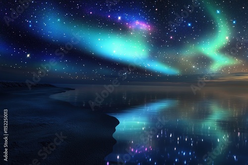 night sky filled with stars and auroras that reflect onto tranquil lake photo