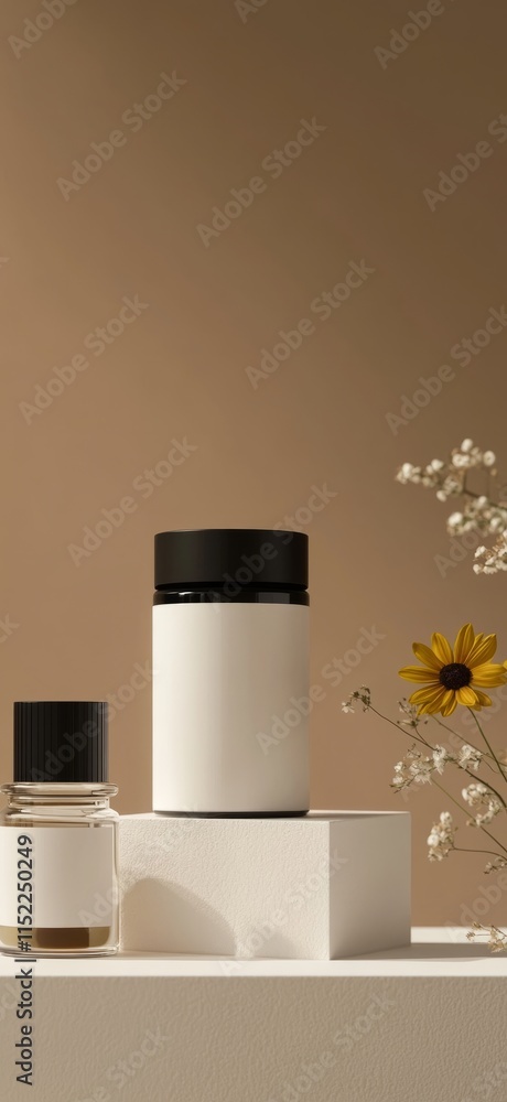 Minimalist display of elegant containers and delicate flowers against a warm backdrop showcasing creativity and style in product presentation Minimalist display of elegant containers and delicate flowers against a warm backdrop showcasing creativity and style in product presentation
