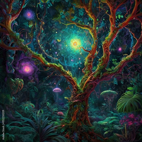 Bioluminescent rainforest at twilight with a glowing ancient tree and magical birds
