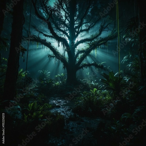 Bioluminescent rainforest at twilight with a glowing ancient tree and magical birds