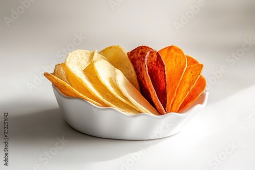 single serving of veggie chips arranged in fan pattern on white ceramic dish under soft directional light photo