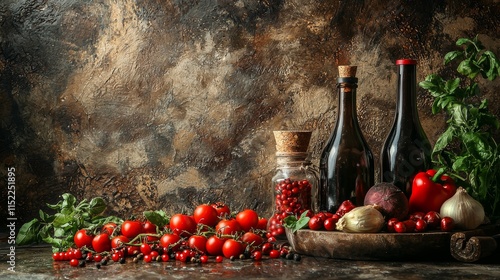 Rustic kitchen with wine bottles and fresh ingredients photo