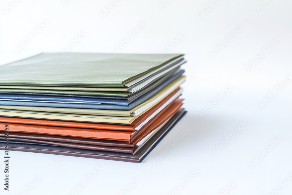 stack of financial reports on white surface neatly arranged to show content with clear space for copy beside them stack of financial reports on white surface neatly arranged to show content with clear space for copy beside them