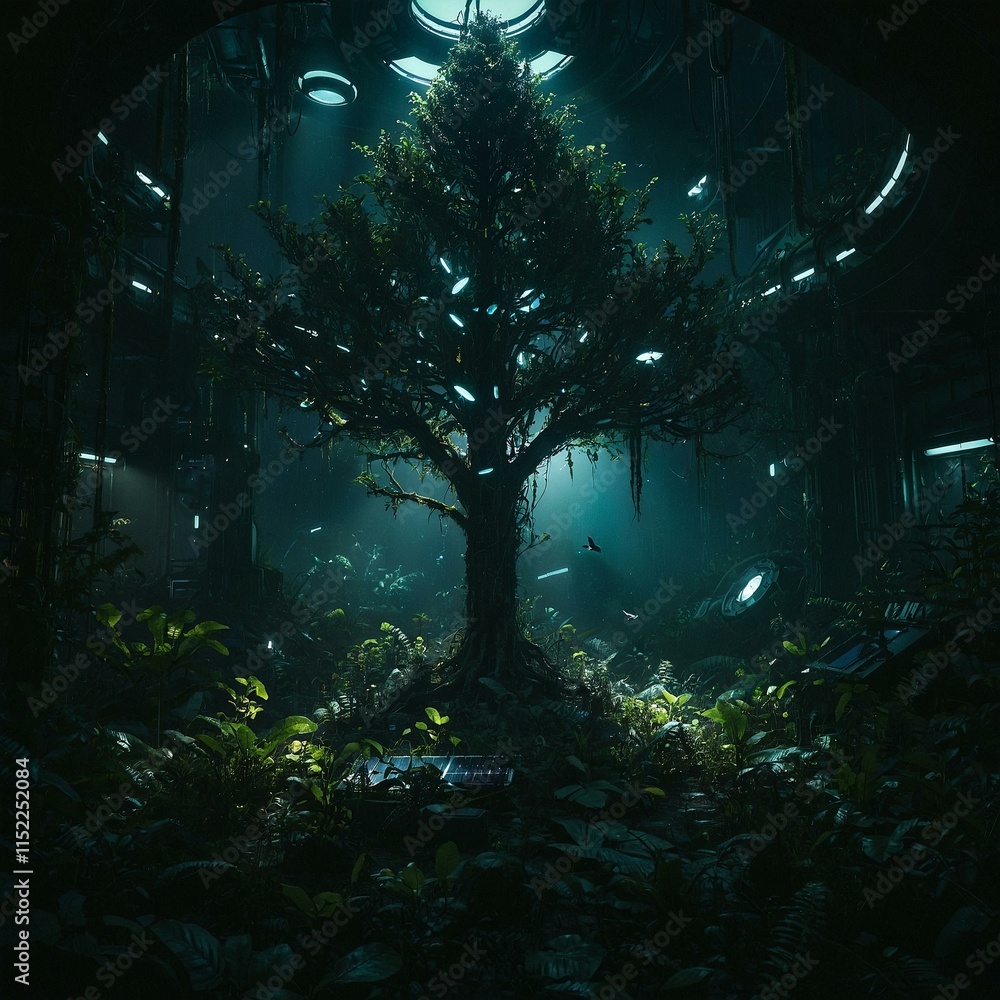 Fototapeta premium Bioluminescent rainforest at twilight with a glowing ancient tree and magical birds