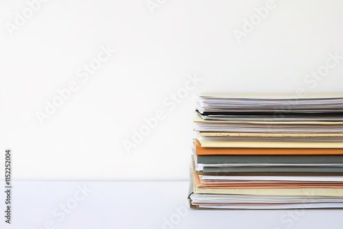 stack of financial reports on white surface neatly arranged to show content with clear space for copy beside them photo