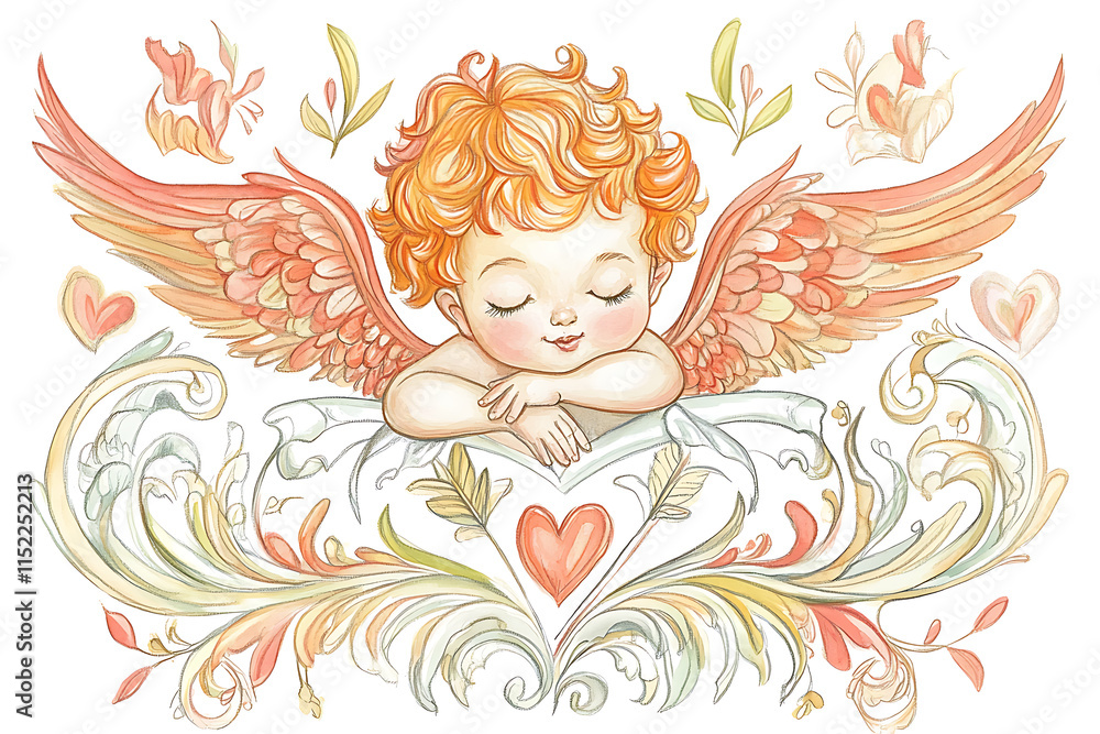 A playful cartoon Cupid depicted on a white background, featuring a cheerful expression, angel wings, a bow, and arrows
A playful cartoon Cupid depicted on a white background, featuring a cheerful expression, angel wings, a bow, and arrows