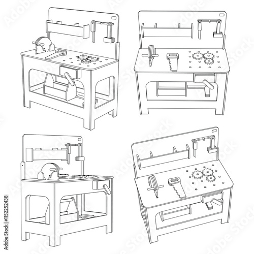 Workbench in workshop with repair tools, work equipment. Workspace, storage table, garage with mechanic supplies, hammer, wrench and screwdriver. Vector illustration isolated on white background