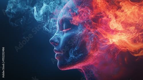 Abstract profile of a woman engulfed in red and blue smoke