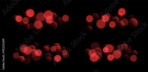 Red bokeh set, blurred background with sparkling lights, blurry glitter effect. Bright soft abstract background. Vector illustration.