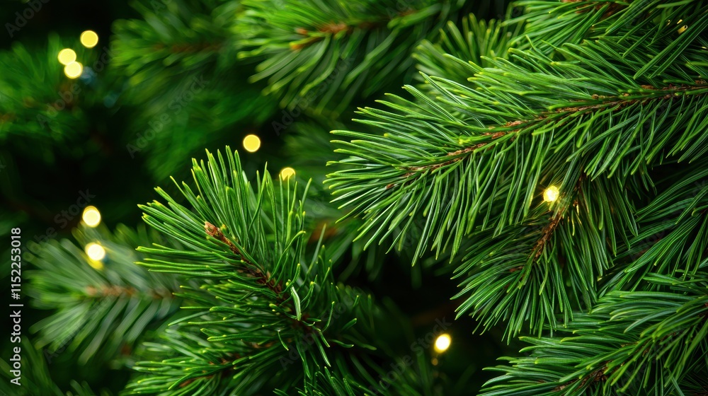 Close-up of green fir tree branches with glowing Christmas lights. Festive holiday concept for Close-up of green fir tree branches with glowing Christmas lights. Festive holiday concept for