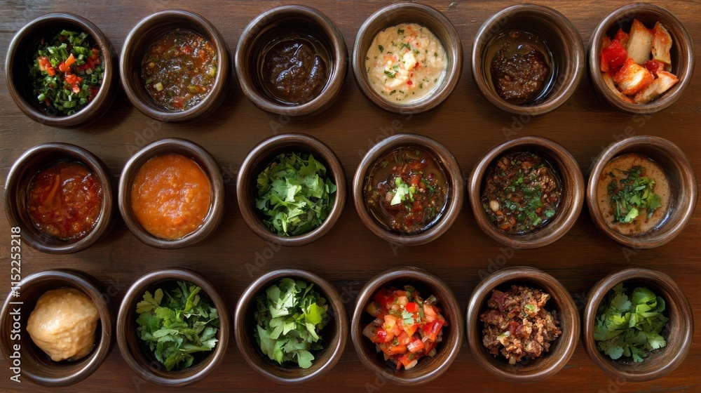 Colorful Sauces in Small Bowls on Wooden Background Colorful Sauces in Small Bowls on Wooden Background