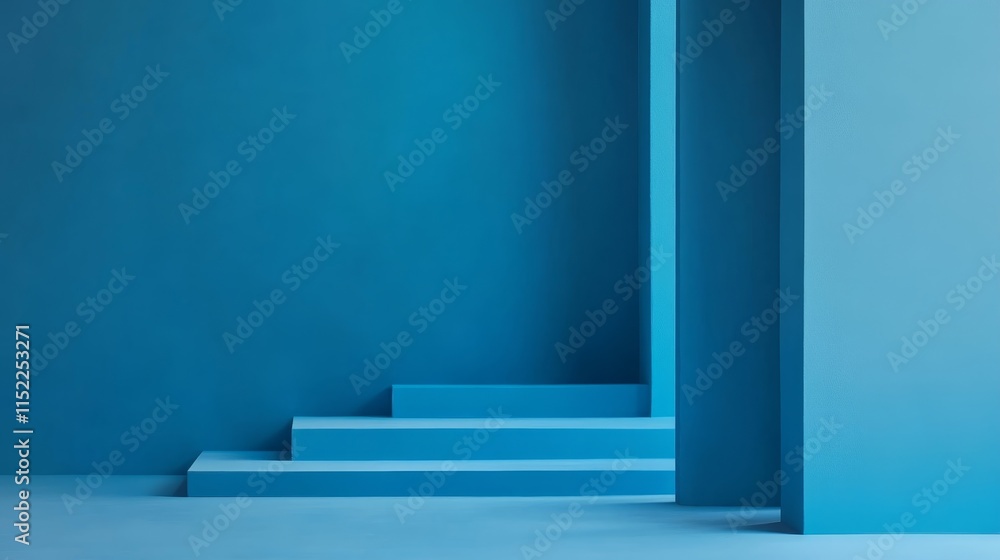 A minimalist blue interior featuring steps and a vertical structure. A minimalist blue interior featuring steps and a vertical structure.