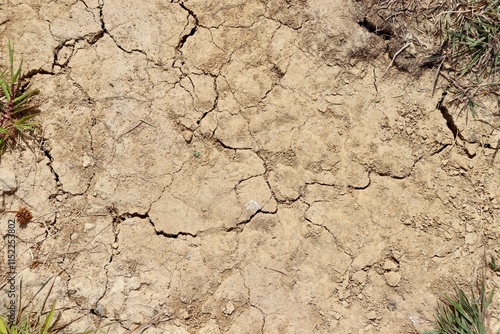 A close view of the dry cracked dirt ground surface.