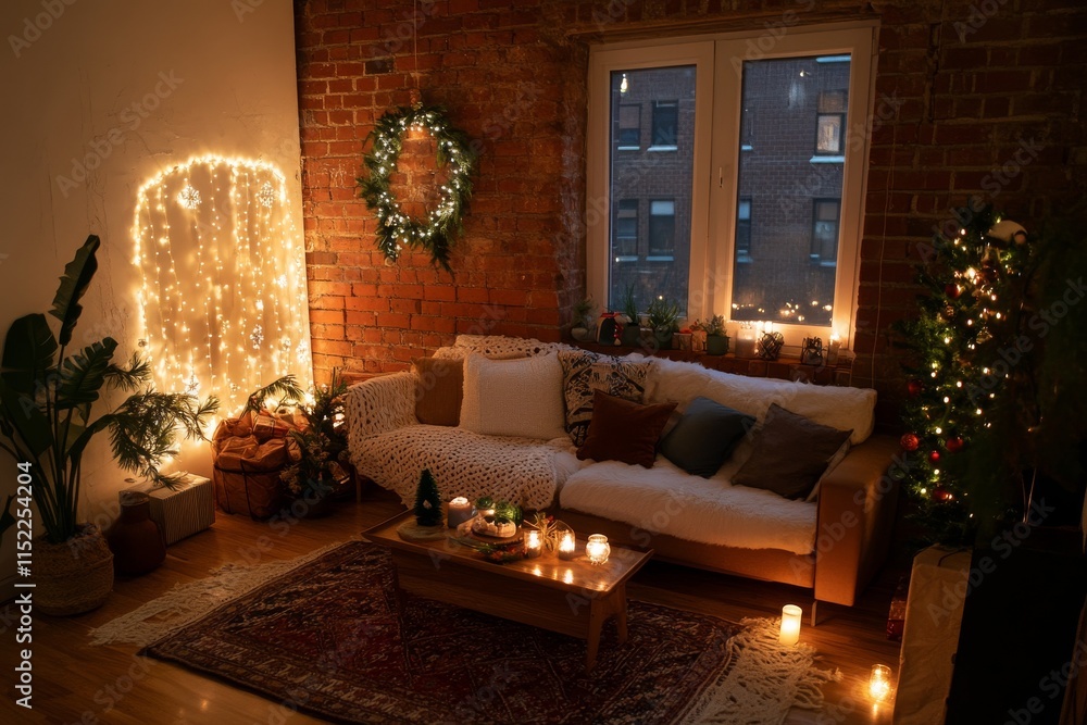 Fototapeta premium Cozy Christmas living room with candles, decorated tree, and fairy lights