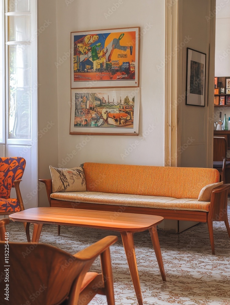 Fototapeta premium Bright spacious apartment interior with wooden sofa, retro armchair, posters and table with chairs