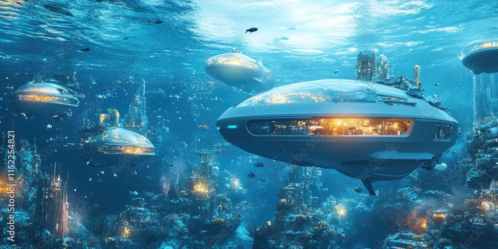 Fototapeta premium Futuristic Underwater City With Submersible Vessels