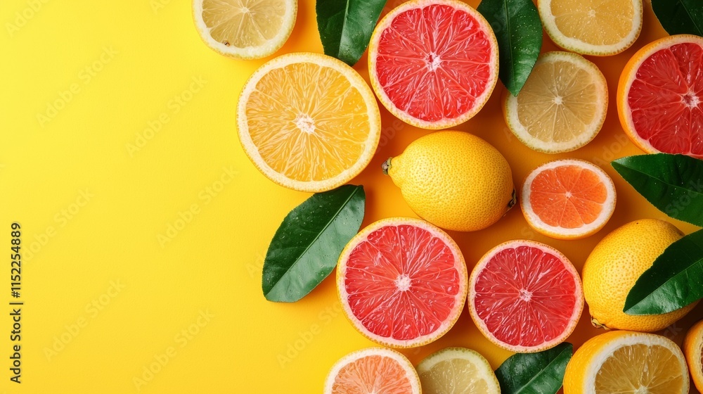 Citrus fruits on a vibrant yellow background Citrus fruits on a vibrant yellow background