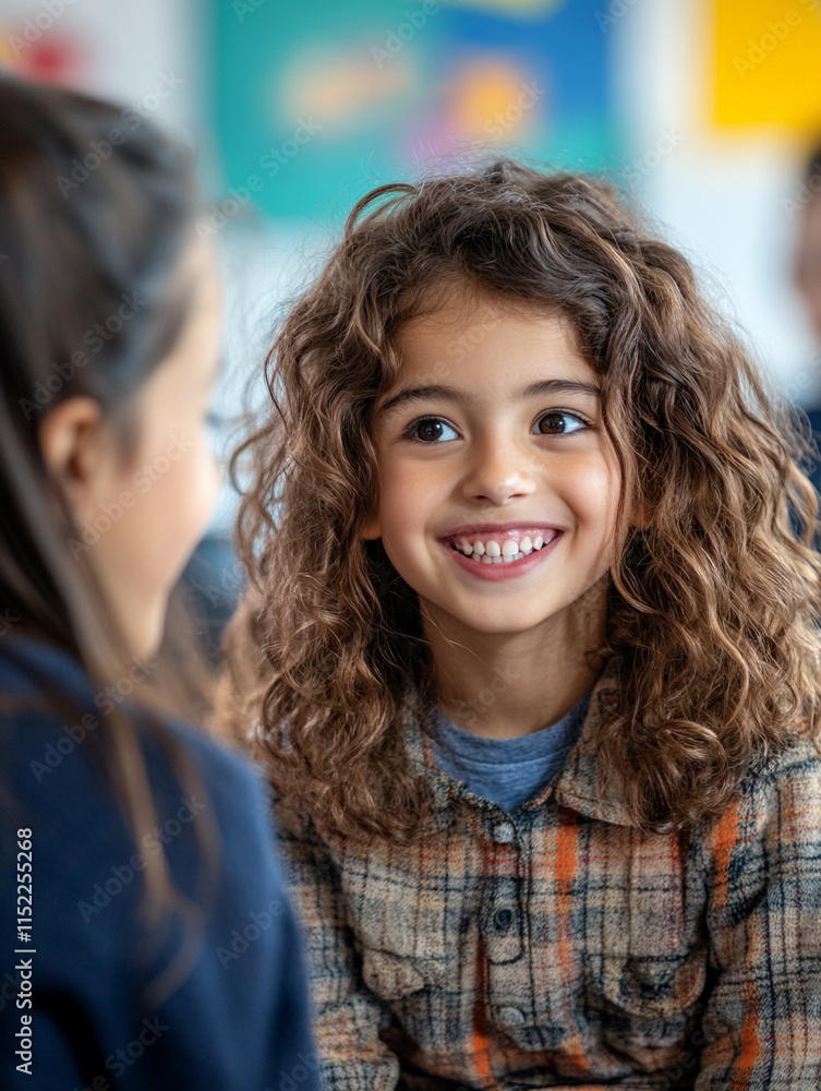 Young girl smiles joyfully during classroom activity Young girl smiles joyfully during classroom activity