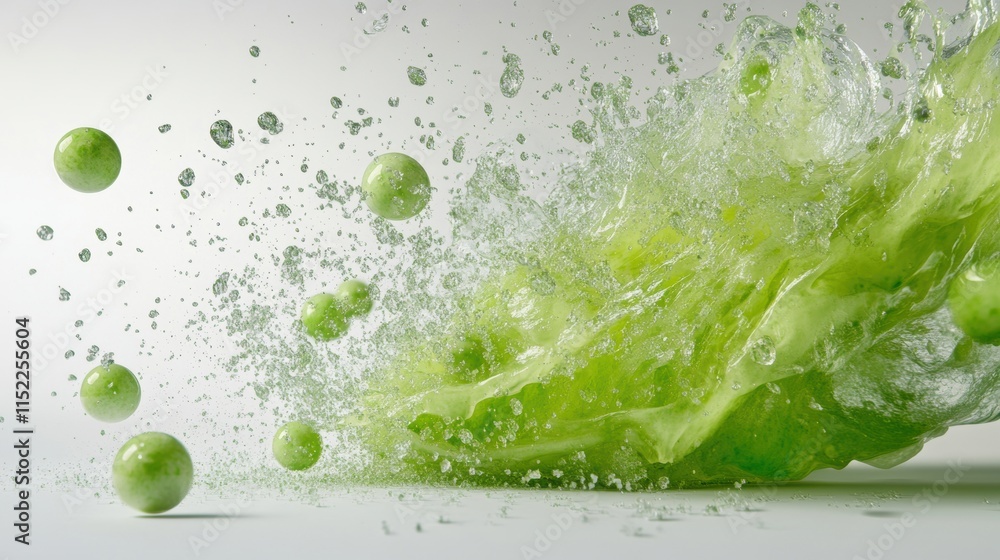 Splash of green liquid with floating spheres and water droplets on a white background. Splash of green liquid with floating spheres and water droplets on a white background.