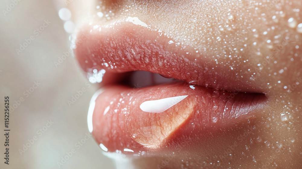Fototapeta premium Detailed view of lips barely apart, with a dewdrop resting on one lip, adding to the intimacy.