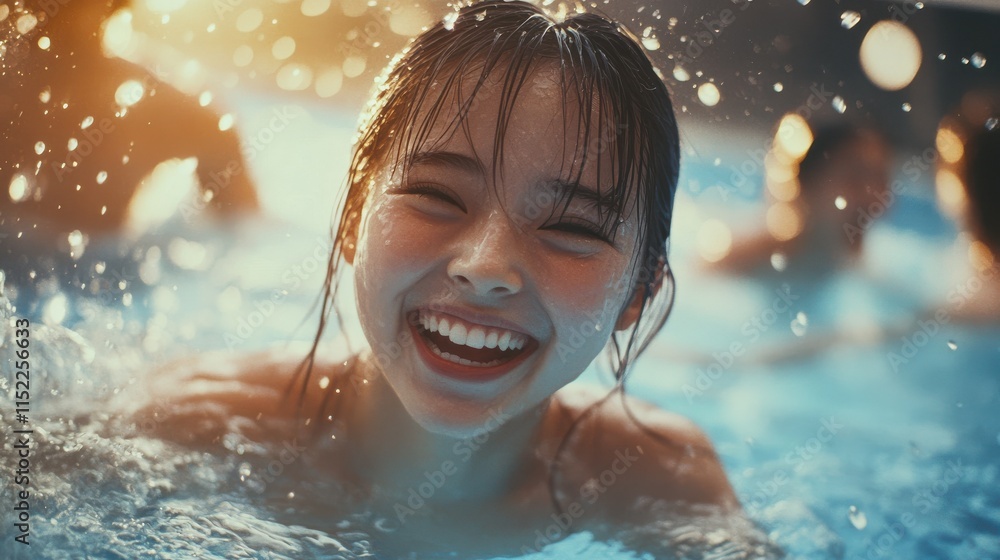 Happy people having fun inside swimming pool - Focus on asian girl face Happy people having fun inside swimming pool - Focus on asian girl face