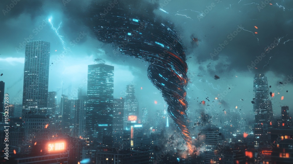 Futuristic city ravaged by a technological tornado amidst a stormy night. Futuristic city ravaged by a technological tornado amidst a stormy night.