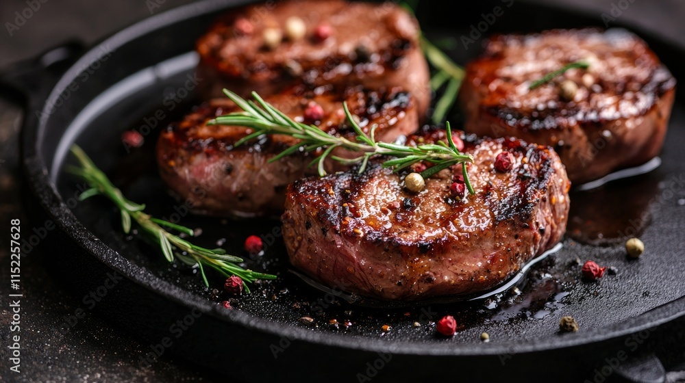 Grilled steaks on cast iron pan with herbs Grilled steaks on cast iron pan with herbs