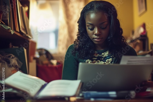 resilient 28-year-old black woman sitting in small apartment with laptop and study guide preparing for exam with softly