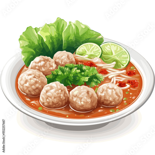 Indonesian Bakso Meatball Soup with Herbs and Chili