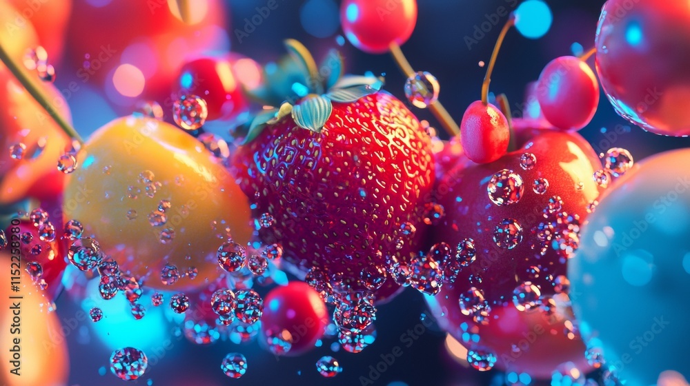 Exploding colorful fruit bubbles in sparkling water Exploding colorful fruit bubbles in sparkling water