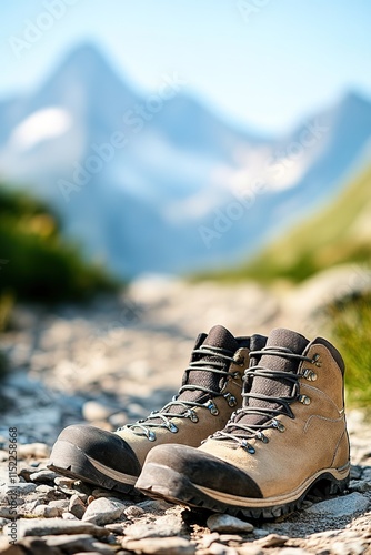 clean pair of hiking boots resting on rocky trail with blurred mountain peaks in background under soft natural light photo