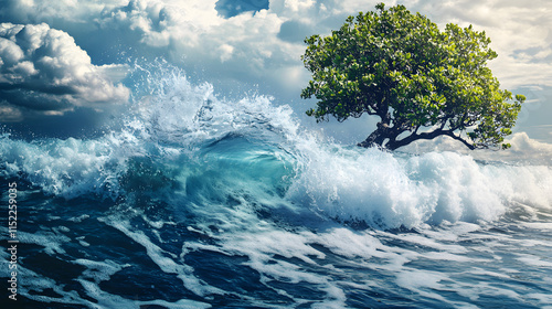 Lone tree standing amidst powerful ocean waves under a dramatic cloudy sky, symbolizing resilience and nature's beauty, ideal for artistic and environmental themes photo