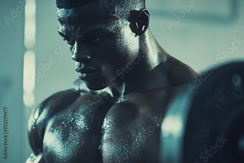 Intense close-up of a muscular man lifting weights in a gym, showcasing strength, determination, and focus, perfect for fitness and motivational themes photo