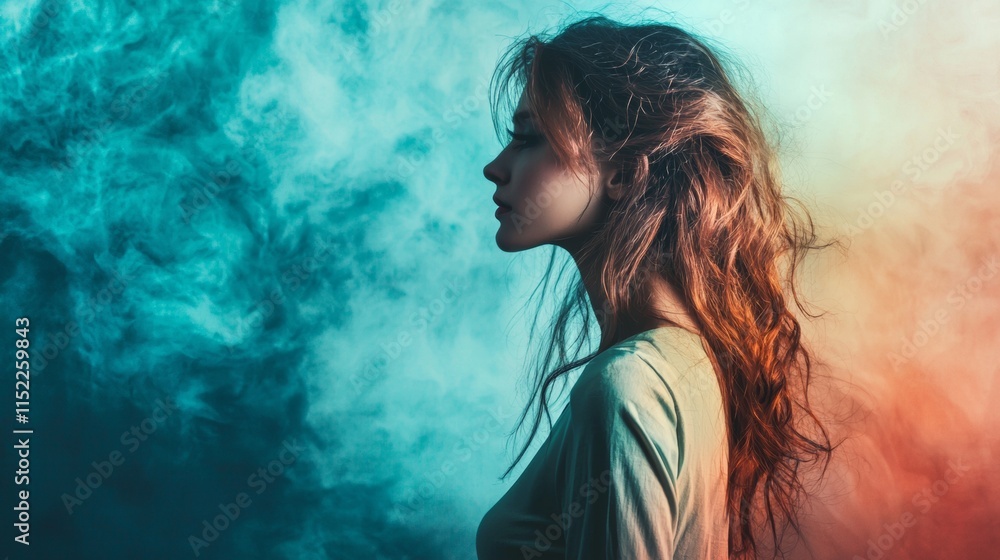 Dreamy profile of a woman in smoke and soft lighting Dreamy profile of a woman in smoke and soft lighting