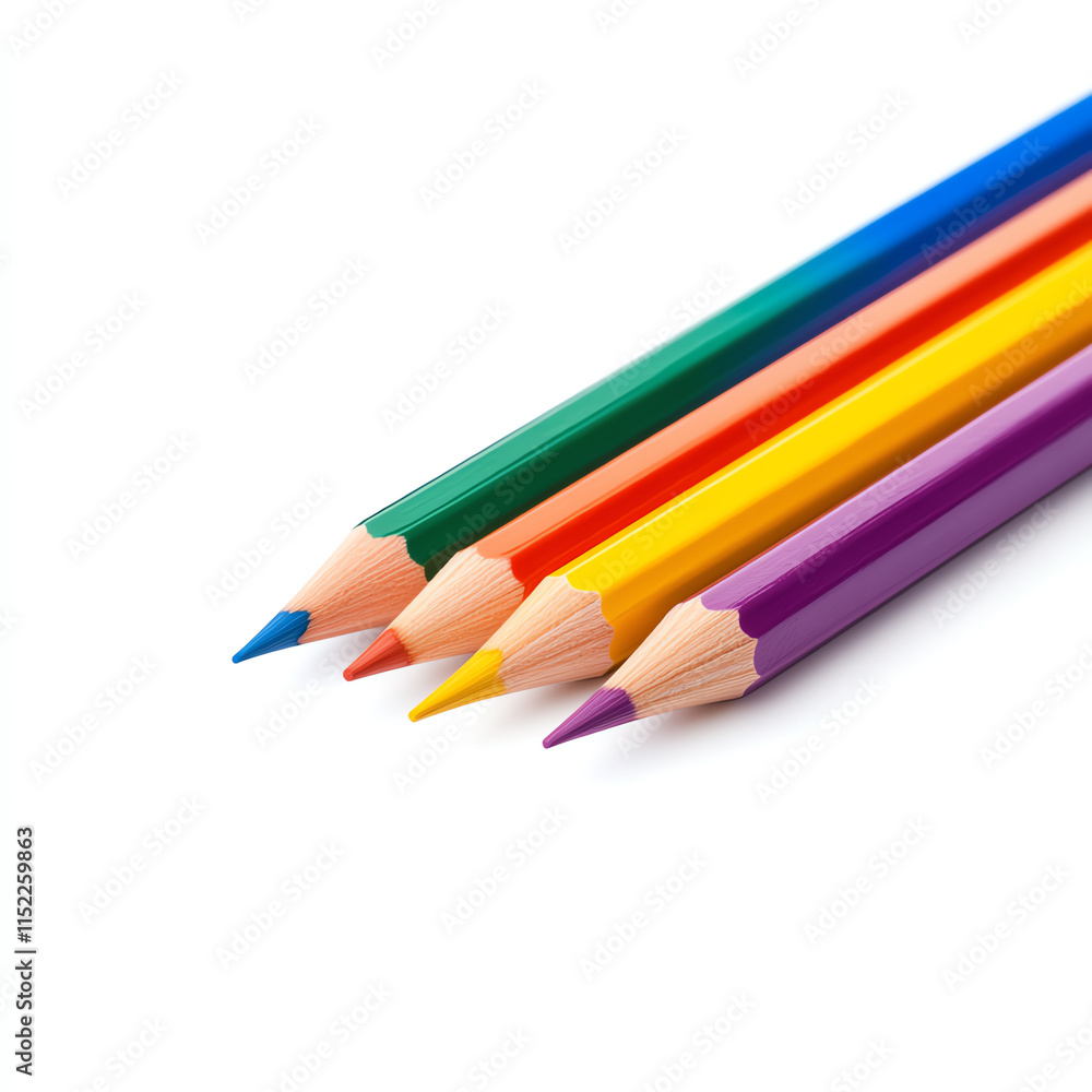 Colorful pencils arranged in a row on a white background. Colorful pencils arranged in a row on a white background.