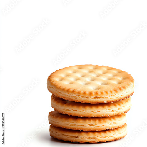 Stack of round, crispy crackers on a white isolated background. photo