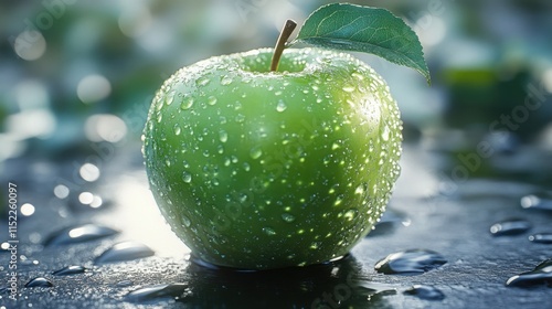 A single green apple with water droplets on a reflective surface, perfect for fresh fruit photography photo