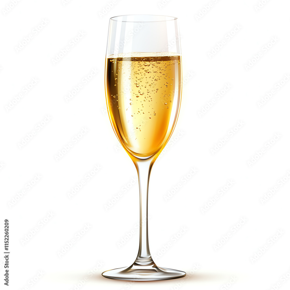 Champagne glass filled with bubbly golden drink, white isolated background Champagne glass filled with bubbly golden drink, white isolated background