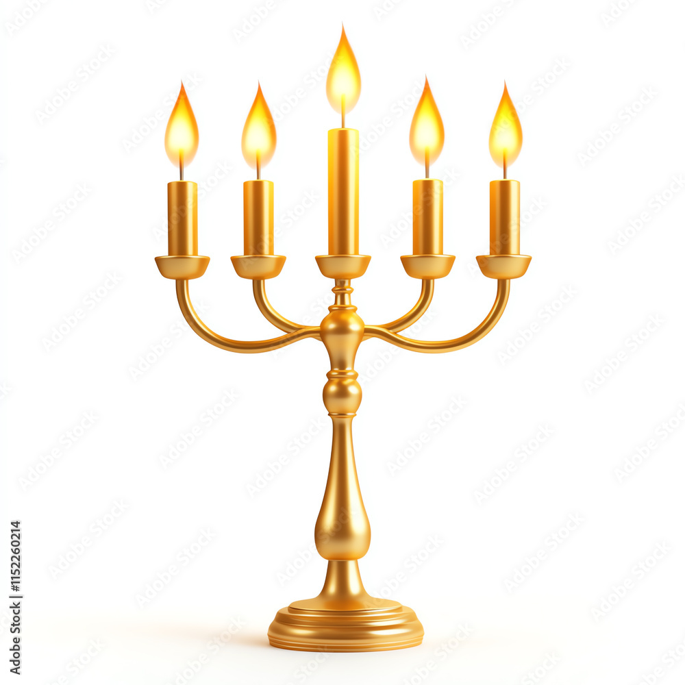 Elegant golden candelabrum with five lit candles on a white isolated background. Elegant golden candelabrum with five lit candles on a white isolated background.