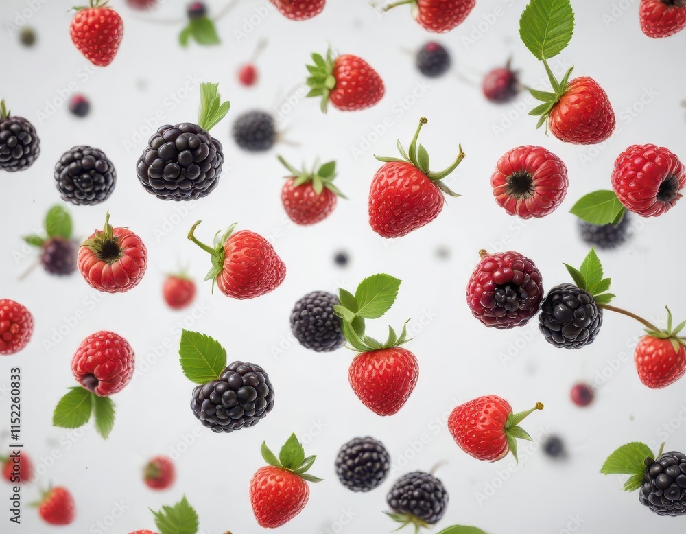 Multiple berries mid-air, isolated white background, white, vibrant Multiple berries mid-air, isolated white background, white, vibrant