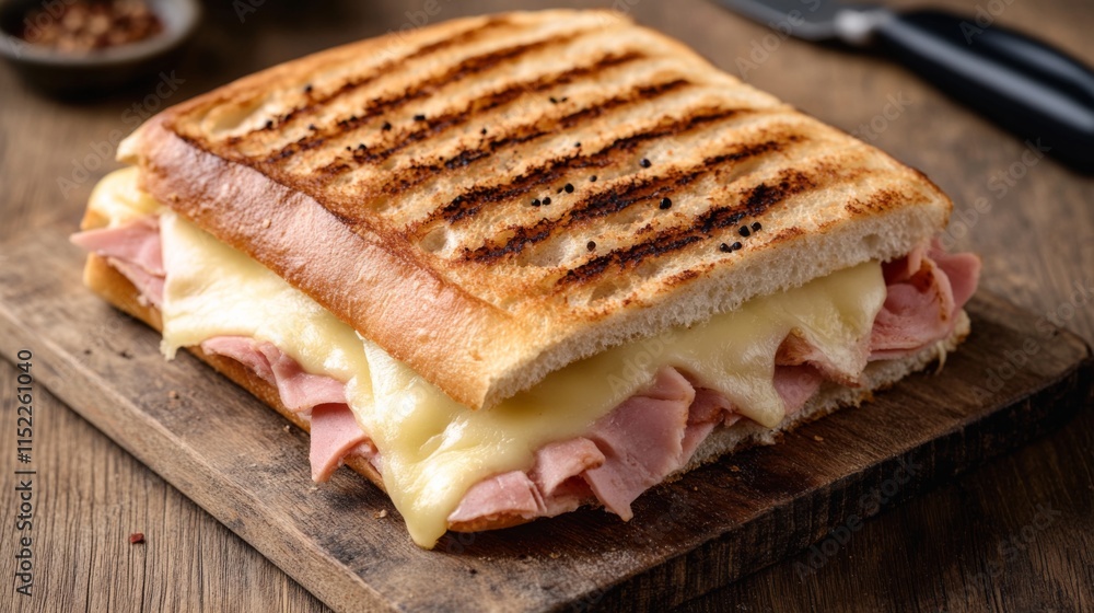 Delicious Melted Cheese and Ham Sandwich on Wooden Board Delicious Melted Cheese and Ham Sandwich on Wooden Board