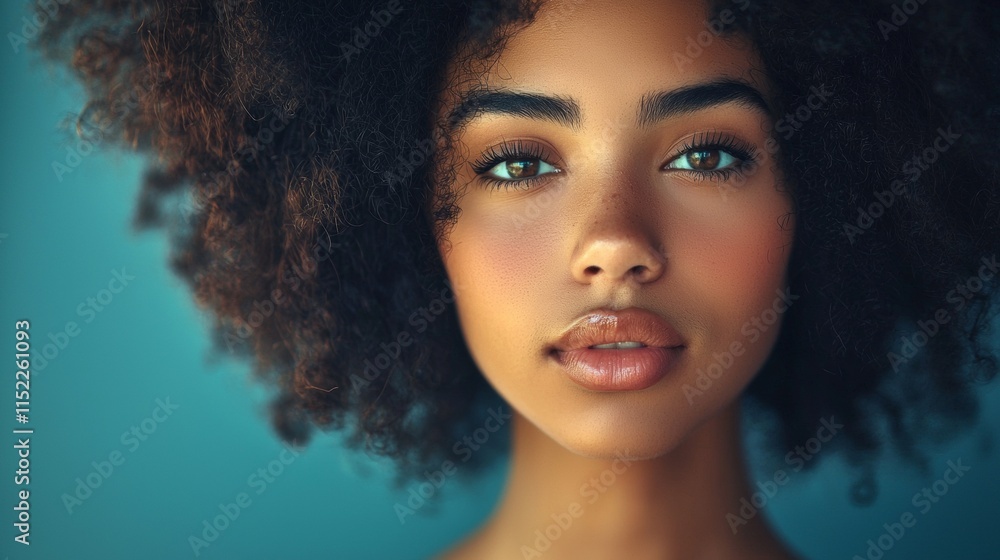 Portrait of a woman with natural curls and a confident gaze Portrait of a woman with natural curls and a confident gaze