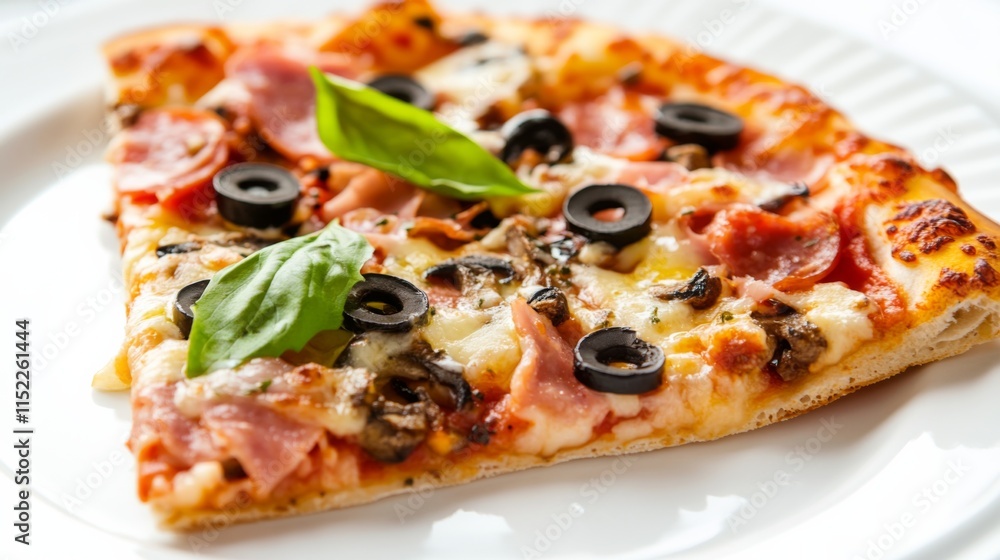 Delicious Pizza Slice with Fresh Toppings on Plate Delicious Pizza Slice with Fresh Toppings on Plate
