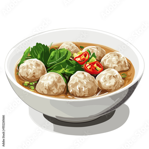 Indonesian Bakso Meatball Soup with Herbs and Chili